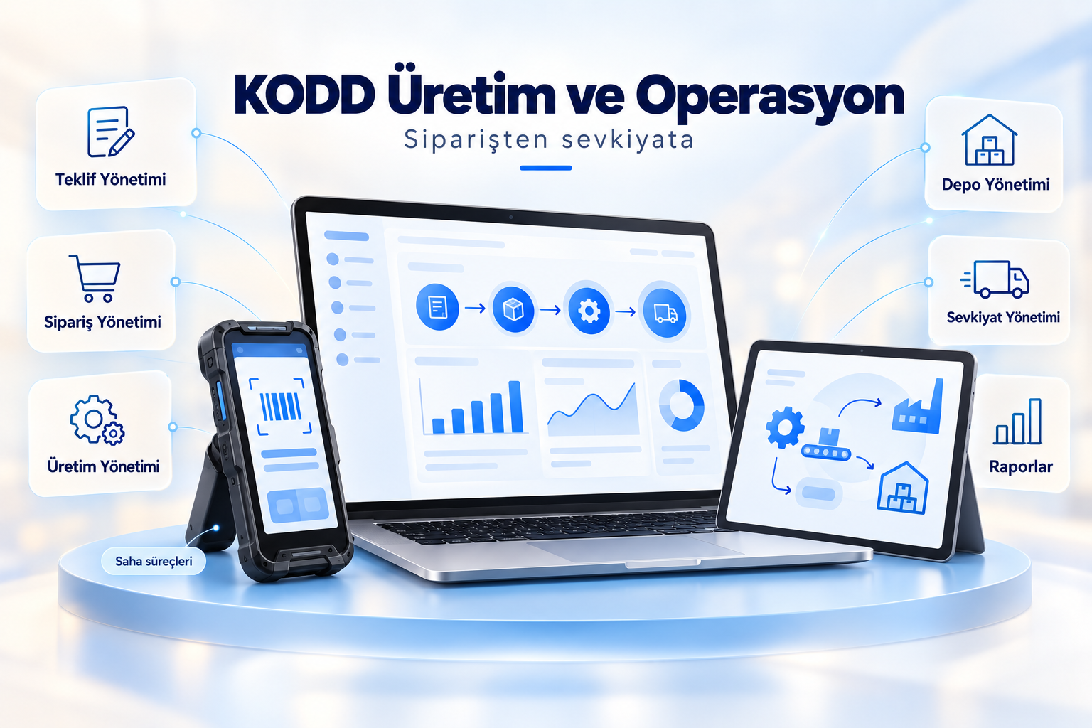 KODD Üretim ve Operasyon özellik anlatımı: Teklif, sipariş, üretim, depo, sevkiyat yönetimi ve raporlar. Temsili kompozisyon; gerçek uygulama ekranı değildir.