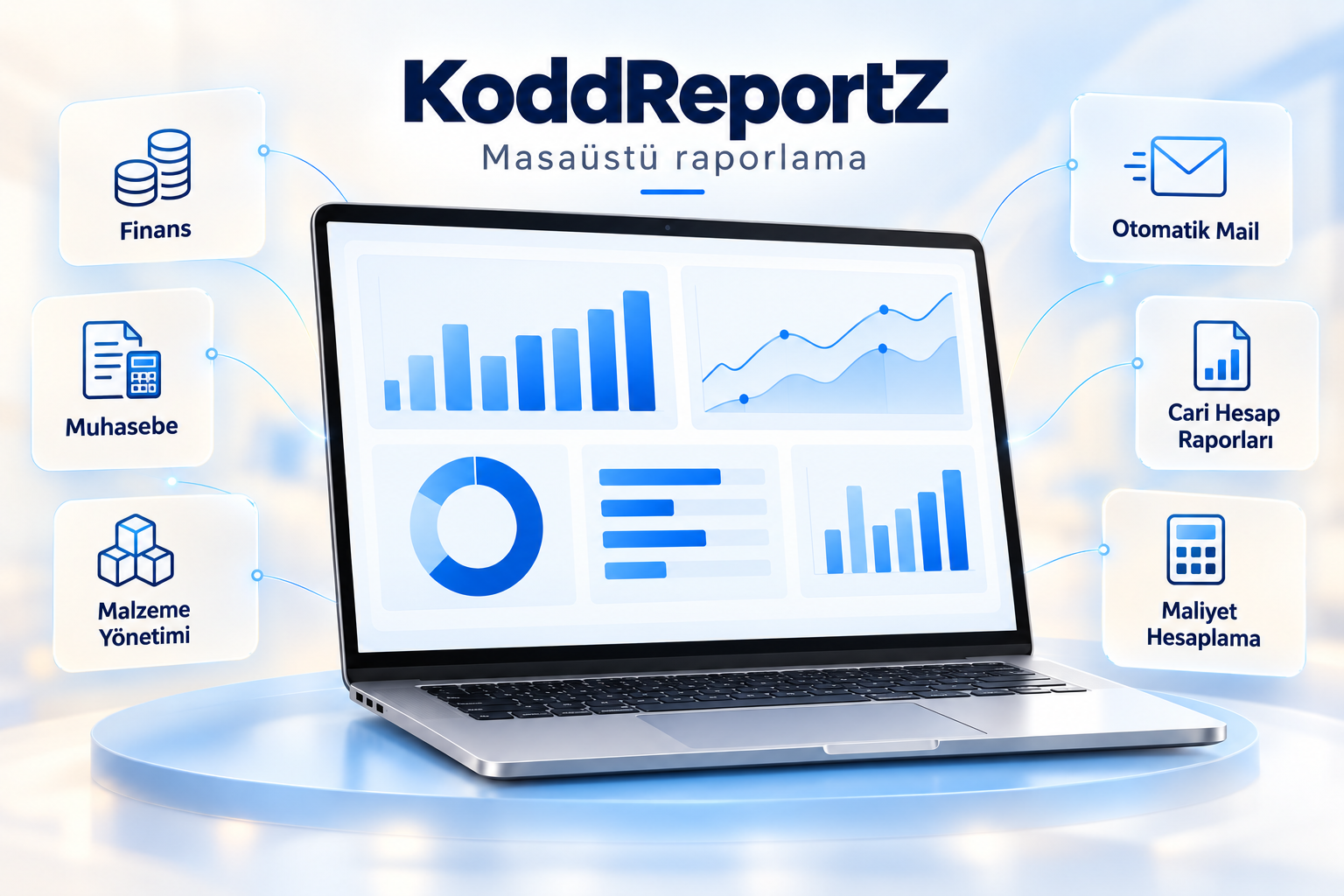 KoddReportZ özellik anlatımı: Finans, muhasebe, malzeme yönetimi, otomatik mail, cari hesap raporları ve maliyet hesaplama. Temsili kompozisyon; gerçek uygulama ekranı değildir.