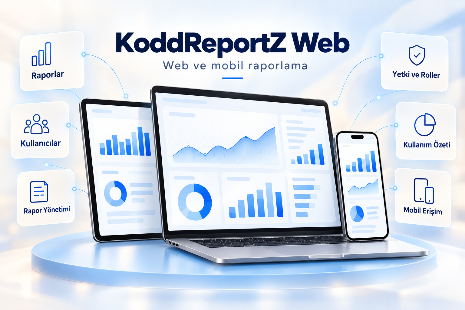 KoddReportZ Web özellik anlatımı: Raporlar, kullanıcılar, rapor yönetimi, yetki ve roller, kullanım özeti ve mobil erişim. Temsili kompozisyon; gerçek uygulama ekranı değildir.
